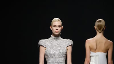 An armour-like dress, moulded around the body, at the Ashi Studio show. Photo: Ashi Studio