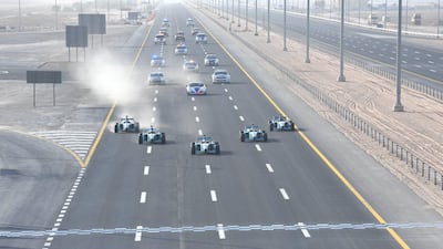 Single-seater race cars helped inaugurate the new improvements to Sheikh Khalifa bin Zayed highway in Al Dhafra. Photos by WAM