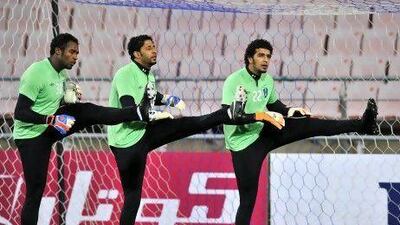 Al Ahli goalkeepers take part in a training session ahead of the Asian Champions League final in Ulsan, some 300 kms south-east of Seoul. Jung Yeon-je / AFP