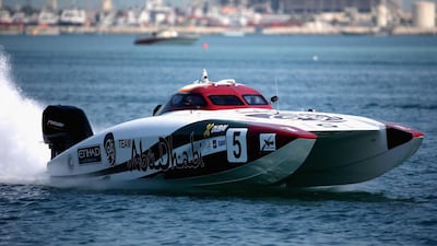 Rashed Suhail Al Tayer and Faleh Khalfan Al Mansoori of Abu Dhabi Team 5 will start the UIM XCAT World Series finale, the Abu Dhabi Grand Prix, from the fourth spot on the grid. The boat they are chasing for the title, XDubai, will start from third. Warren Little / Getty Images