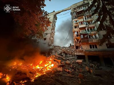 Part of an apartment block reduced to rubble by the Russian attack. EPA