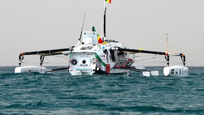 The Row4ocean rowing trimaran leaves Dakar to cross the Atlantic on December 14, 2018. AFP