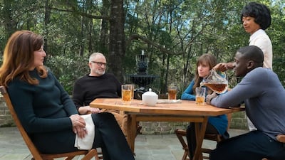 From left, Missy (Catherine Keener), Dean (Bradley Whitford), Rose (Allison Williams), Georgina (Betty Gabriel) and Chris (Daniel Kaluuya) in Get Out. Photo by Justin Lubin