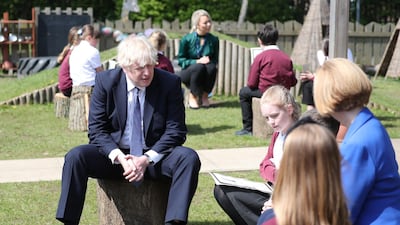 Prime Minister Boris Johnson has visited Cleves Cross Primary school in Ferryhill, northeast England. Getty Images