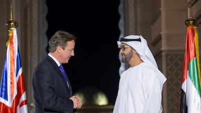 The Crown Prince of Abu Dhabi meets David Cameron, the Prime Minister of the United Kingdom, before a dinner meeting at Emirates Palace in November 2013. Ryan Carter / Crown Prince Court — Abu Dhabi