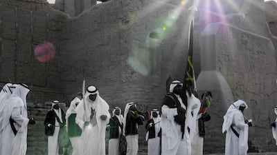 Close-up of traditional Saudi Ardah dance in front of Salwa Palace in At-Turaif in Ad Diriyah.Photo by Meshari Almuhanna / DGDA