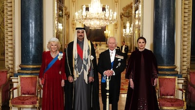 Pictured left to right, Britain's Queen Camilla; Qatar's Emir, Sheikh Tamim; King Charles III; and Sheikha Jawaher bint Hamad bin Suhaim Al Thani ahead of a state banquet at London's Buckingham Palace. Getty Images