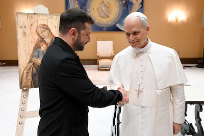 Pope Leo XIV meets with president of Ukraine Volodymyr Zelenskyy at the end of the Inauguration Mass in St Peter's Square on May 18, 2025 in Vatican City. Vatican Pool/Getty Images