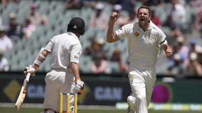 Australia's Josh Hazlewood celebrates taking a wicket against New Zealand on Sunday in the final Test in Adelaide. Rick Rycorft / AP / November 29, 2015