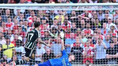 Manchester United's Alejandro Garnacho scores a goal that was later ruled out for offside. AFP