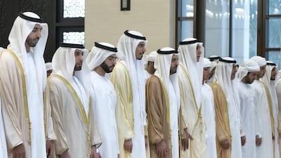Sheikh Shakboot bin Nahyan bin Mubarak, UAE Ambassador to Saudi Arabia (L), Dr Ghaith Bin Hamel Al Qubaisi, Vice President of Al Ghaith Holding Company, Sheikh Hazza bin Hamdan bin Zayed, Sheikh Tahnoon bin Saeed bin Tahnoon, Sheikh Mohamed bin Hamad bin Tahnoon, Jaber Al Suwaidi, General Director of the Crown Prince Court - Abu Dhabi, Sheikh Zayed bin Mohamed bin Hamad bin Tahnoon, Sheikh Hazza bin Hamdan bin Zayed, Sheikh Rashid bin Hamdan bin Mohamed and other dignitaries, attend Eid Al Fitr prayers at the Sheikh Sultan bin Zayed the First mosque in Al Bateen. Rashed Al Mansoori / Ministry of Presidential Affairs