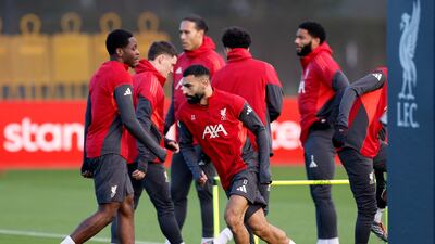 Liverpool's Mohamed Salah with teammates during training. Reuters
