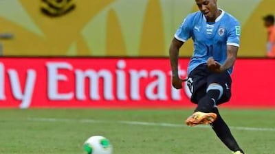 Uruguay’s Abel Hernandez scored four goals against Tahiti but the real test awaits Tuesday against Brazil in the Confederations Cup semi-finals. Daniel Garcia / AFP