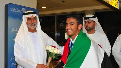 Sheikh Nahyan bin Mubarak Al Nahyan, Minister of Culture and Knowledge Development, congratulates the National Youth Jiu-Jitsu Team on their return to the UAE after participating in the World Youth Championship in Athens, where they won 13 medals. Wam