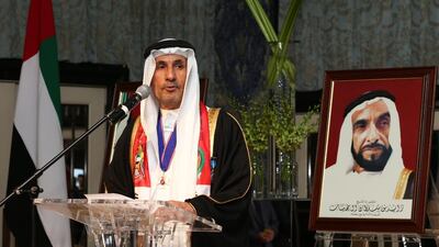 UAE Ambassador in London, Abdulrahman Ghanim Al Mutaiwi, speaking at the UAE Embassy during the 42nd National Day reception in London. Stephen Lock / The National