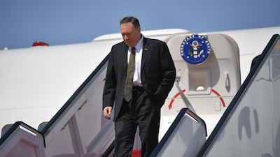 US Secretary of State Mike Pompeo steps off his plane upon his arrival at al-Bateen Air Base in Abu Dhabi on September 19, 2019. AFP