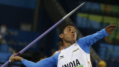 India's Devendra Jhajharia competes in the men's javelin throw F46 final of the Paralympic Games in Rio de Janeiro last week. Leo Correa / AP Photo / September 13, 2016