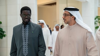 Sheikh Mansour bin Zayed, Vice President, Deputy Prime Minister and Chairman of the Presidential Court, with Mr Faye. Abdulla Al Neyadi / UAE Presidential Court