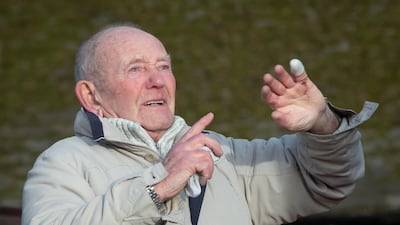 Tony Foulds reacts as warplanes from Britain and the United States stage a joint flypast tribute. PA via AP