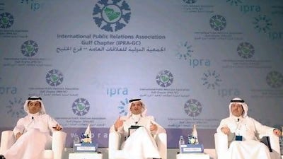 Dr Abdulrahman al Zamil, left, Abdullah Ali Almajdouie, centre, and Sultan al Bazie talk strategy for family-owned businesses.