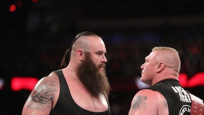 Victory for Braun Strowman, left, over Roman Reigns at WWE Payback, should set him up to challenge Brock Lesnar, right, for the WWE Universal Championship later in the summer. Courtesy: WWE