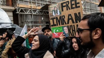Demonstrators gathered outside the London home of former prime minister of Pakistan Nawaz Sharif on Wednesday, following the arrest of Imran Khan. Bloomberg