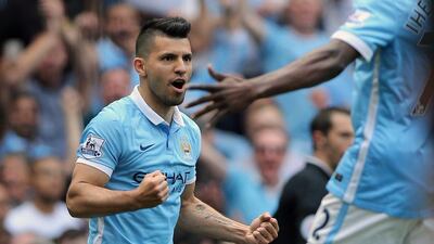 Sergio Aguero of Manchester City reacts after scoring against Arsenal during the Premier League match between Manchester City and Arsenal at the Etihad Stadium, Manchester, Britain, 8 May 2016. Nigel Roddis / EPA