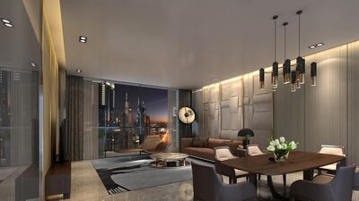 An artist rendering of a living room in The Sterling tower, which will feature interior designs by Hong Kong designer Steve Leung. Courtesy Omniyat
