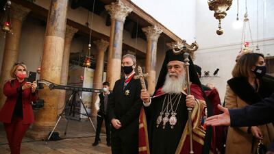 Greek Orthodox Patriarch of Jerusalem Theophilos III arrives at the Church of the Nativity during eastern Christmas in the West Bank city of Bethlehem. EPA