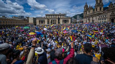 Anti-government demonstrators shout slogans during a protest against the tax reform proposed by President Gustavo Petro in Bogota, Colombia. Getty Images