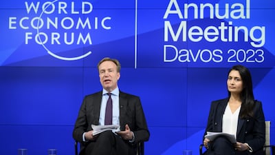 World Economic Forum president Borge Brende and forum managing director Saadia Zahidi ahead of the annual meeting, to be held in the Swiss town of Davos from January 16 to 20. EPA