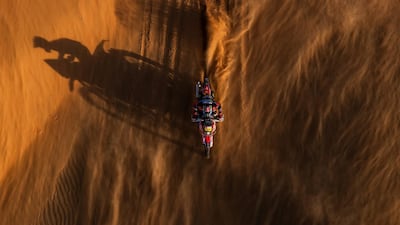 Jose Ignacio Cornejo Florino on his Honda motorbike during Stage 11 of the Dakar Rally between Shubaytah and Haradth in Saudi Arabia, on Thursday, January 16. AP