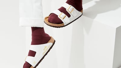 This pair of white 'Birkinstock' shoes is made from a Porosus crocodile Hermes Birkin bag that cost $31,000. Courtesy MSCHF