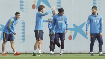 Barcelona players Luis Suarez, Sergi Roberto, Javier Mascherano and Neymar shown at a training session on Friday. Andreu Dalmau / EPA / October 16, 2015