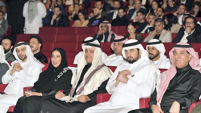 Sheikh Ahmed bin Mohammed, chairman of the Mohammed bin Rashid Al Maktoum Knowledge Foundation, second right, sits with Sheikh Walid, at the event. Pictured with Turki Al Shabanah, the Saudi media minister, right, and Mona Al Marri, Dubai Media Office's Director General.
