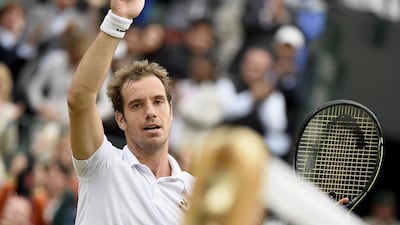 Richard Gasquet celebrates winning against Stan Wawrinka after their Wimbledon quarter-final match. Facundo Arrizabalaga / EPA / July 8, 2015