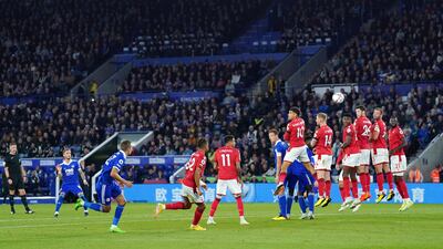 James Maddison scores Leicester City's third goal from a free-kick. PA