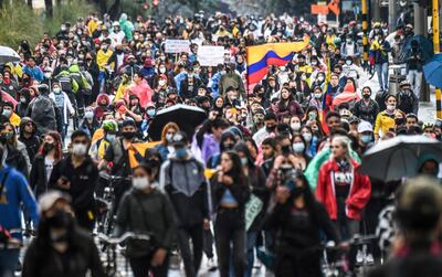 Demonstrators take part in a protest against a tax reform proposed by Colombian President Ivan Duque's government in Bogota this week. AFP