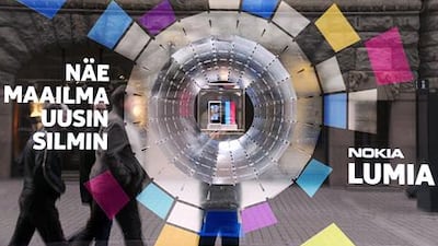 An advertisement for the new Nokia Lumia mobile phone in Helsinki. In January to March of this year, Nokia had losses of €1.34 billion (Dh6.44bn). Lehtikuva / Markku Ulander / AFP