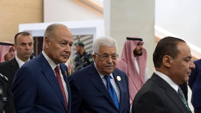 Arab League Secretary General Ahmed Aboul Gheit and Palestinian President Mahmoud Abbas arrive at the 29th Arab Summit, in Dhahran, Saudi Arabia. Saudi Press Agency / EPA