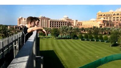Steve Hayes, the owner of Wasps, and Tony Hanks, the club's director rugby, look from the stands as the stadium at Emirates Palace hotel nears completion.