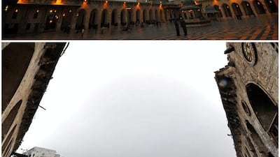 Aleppo’s Umayyad mosque on March 12, 2009, top, and on December 13, 2016. Omar Sanadiki / Reuters