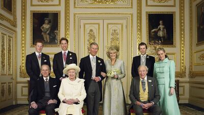 Queen Elizabeth with Prince Charles and Camilla, Duchess of Cornwall, at Windsor Castle after their wedding in 2005. Getty