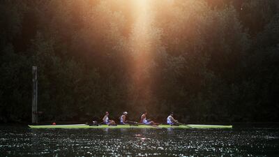 Oliver Stanhope, James C Fox, Giedre Rakauskaite, Ellen Buttrick and Erin Wysocki-Jones of Great Britain during training ahead of Day Three of the 2019 World Rowing Championships in Linz-Ottensheim, Austria. Getty