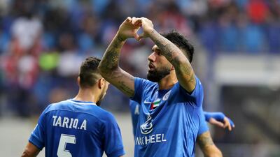 Ronnie Fernandez of Al Nasr celebrates after scoring against Arsenal. Pawan Singh / The National
