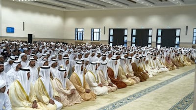 Dignitaries and guests attend Eid Al Fitr prayers at the Sheikh Sultan bin Zayed the First mosque in Al Bateen. Rashed Al Mansoori / Ministry of Presidential Affairs