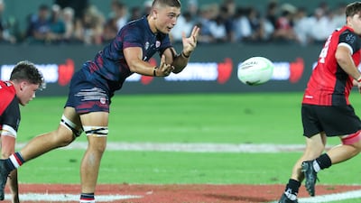 Action from the Gulf Under-19 Boys final between DESS College and Dubai College at the Emirates Dubai Sevens. Victor Besa / The National