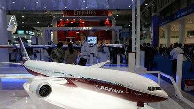 A Model of a Boeing 777 plane at the Dubai Airshow. Pawan Singh / The National