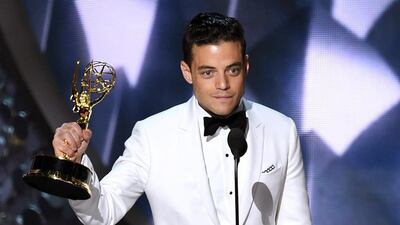 Rami Malek with his trophy during the 68th Annual Primetime Emmy Awards in Los Angeles. Kevin Winter / Getty Images / AFP