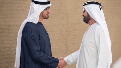 President Sheikh Mohamed greets Sheikh Mohammed bin Rashid, Vice President and Ruler of Dubai, before the opening ceremony of Cop28. Photo: UAE Presidential Court